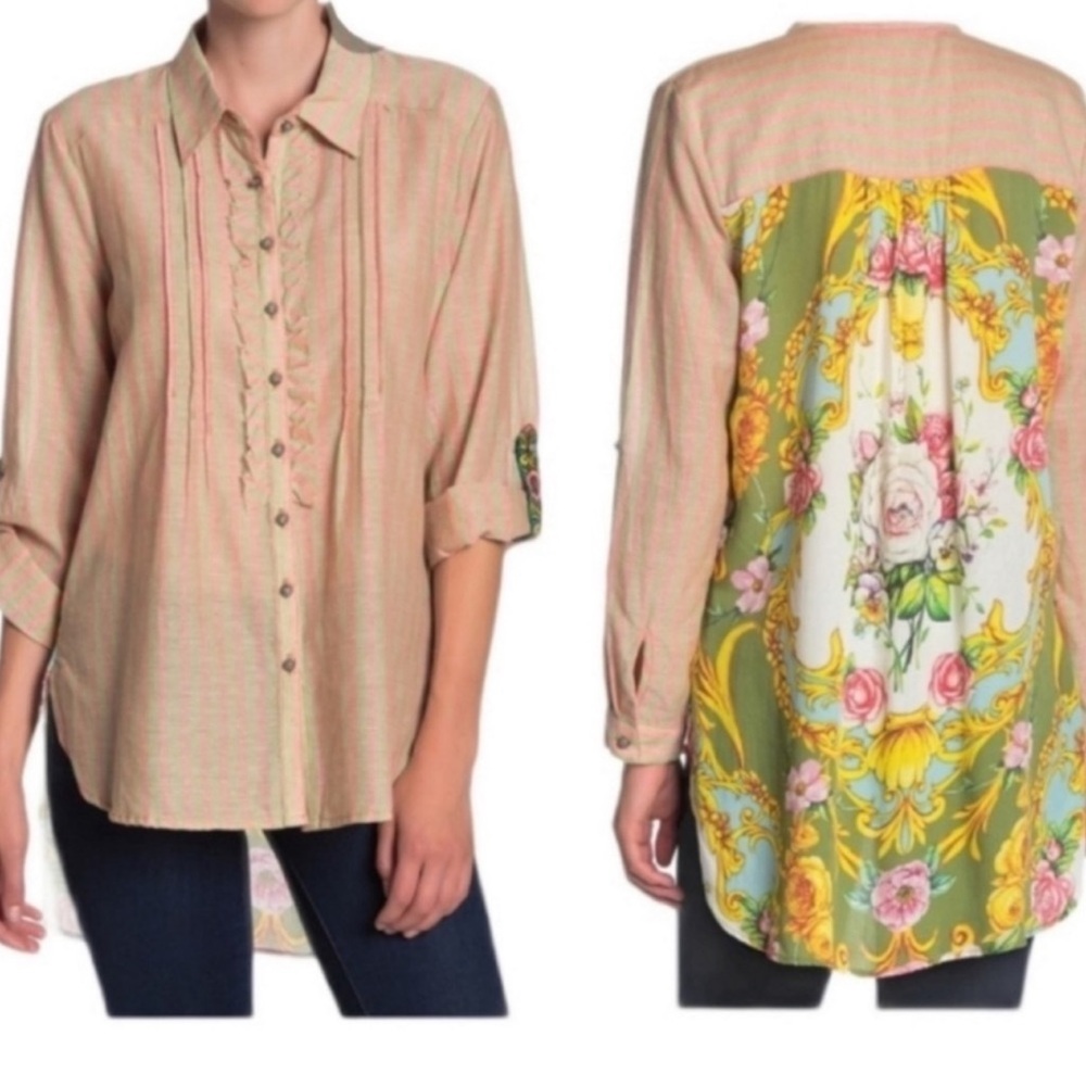 Aratta Silent Journey Kathryn Striped Floral Embroidered Button Down Shirt